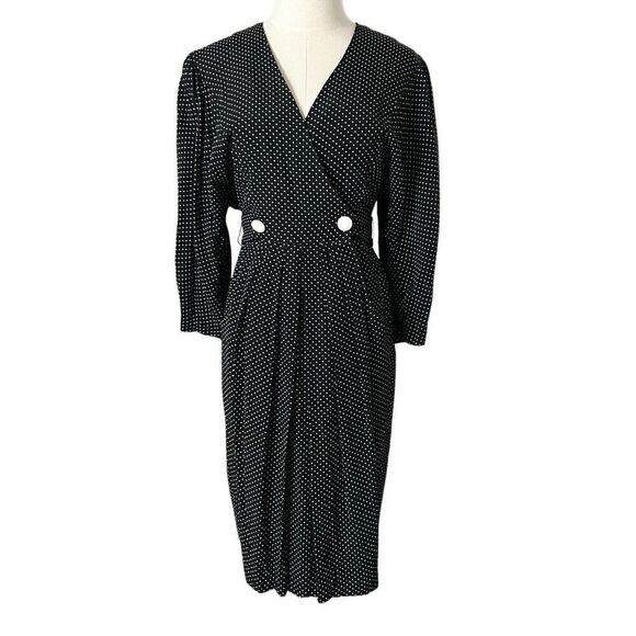 Vintage 80s All That Jazz Black and White Polka Dot Midi Wrap Dress Size Small - Picture 1 of 6